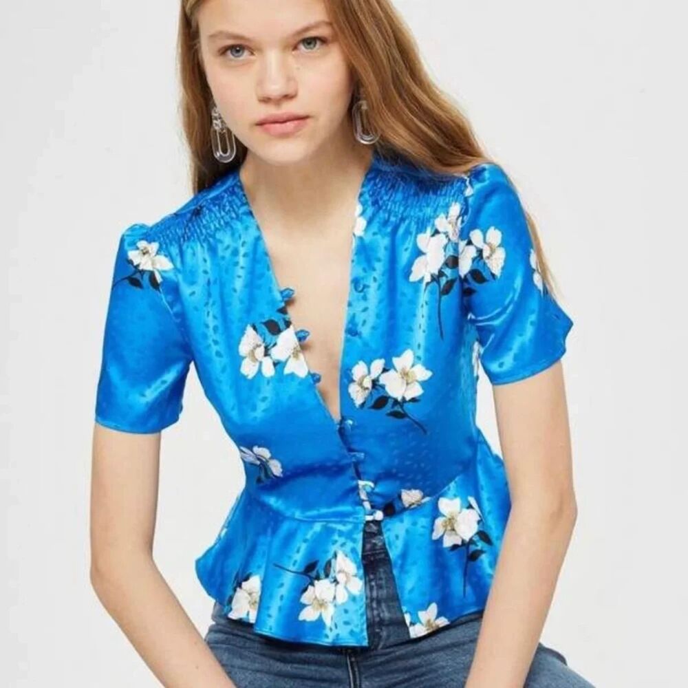 Blue Floral Peplum Blouse | Button Front Ruffle Hem Top